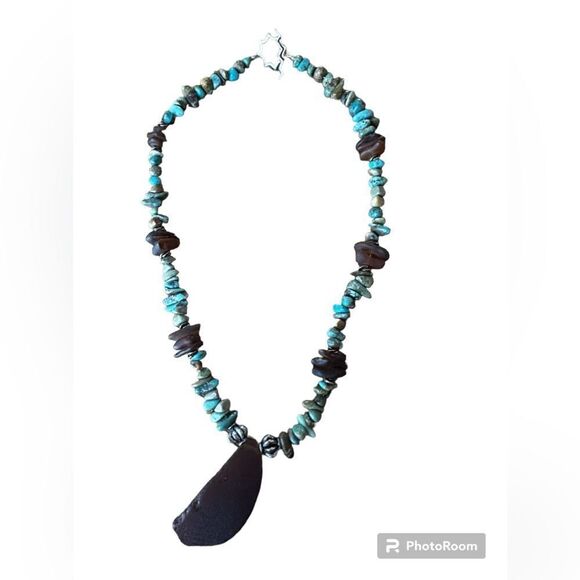 C1929-1930 rare dark brown sea glass turquoise and sterling silver necklace - Picture 2 of 8